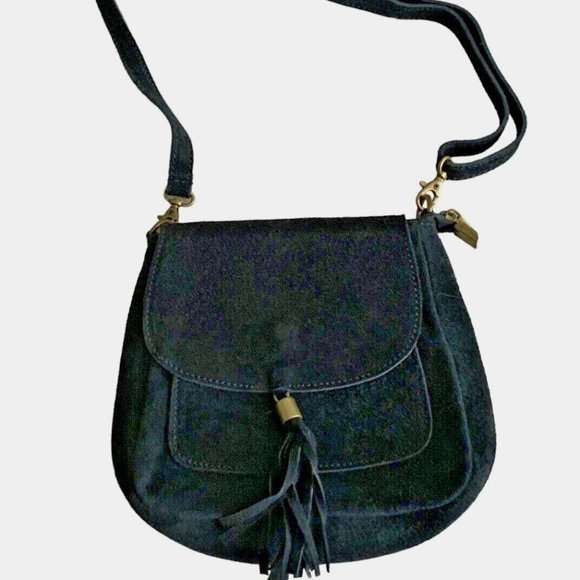 ANNA LUCHINI Black Fringed Suede Shoulder Purse Adjustable Strap GORGEOUS NWOT - Picture 1 of 12